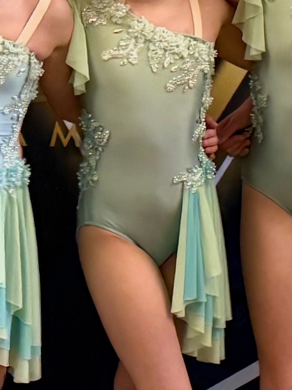 Glamour Mint Green Dance Costume with Beaded Appliqué - Youth Large